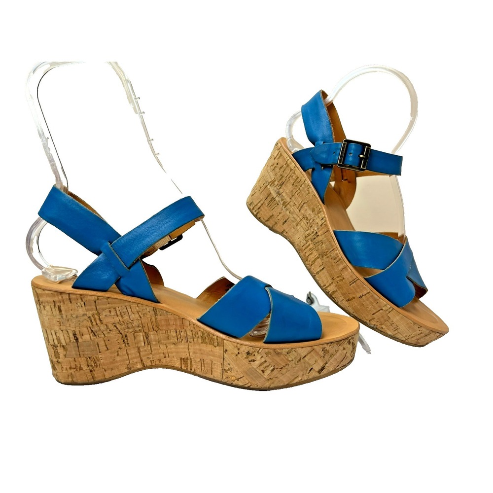 Cork-Ease Cork Platform Sandal Blue Leather Buckle Ankle‎ Strap SZ 42/10